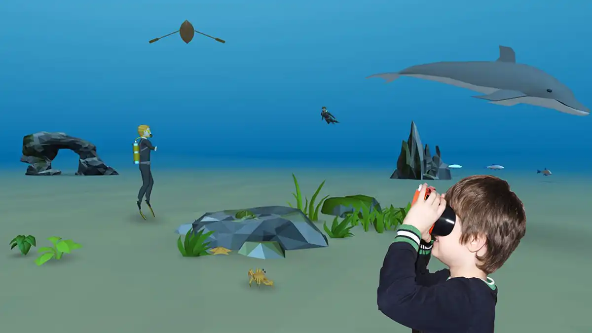 Die von den Kindern mit CoSpaces erstellten Welten können in VR hautnah erlebt werden
