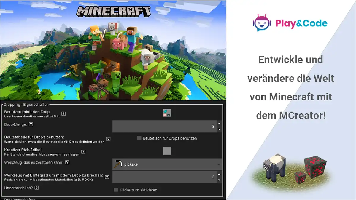 Spiele Mincraft mit deinen eigenen Inhalten. Mit dem MCreator kannst du eigene Minecraft Mods erstellen und spielen