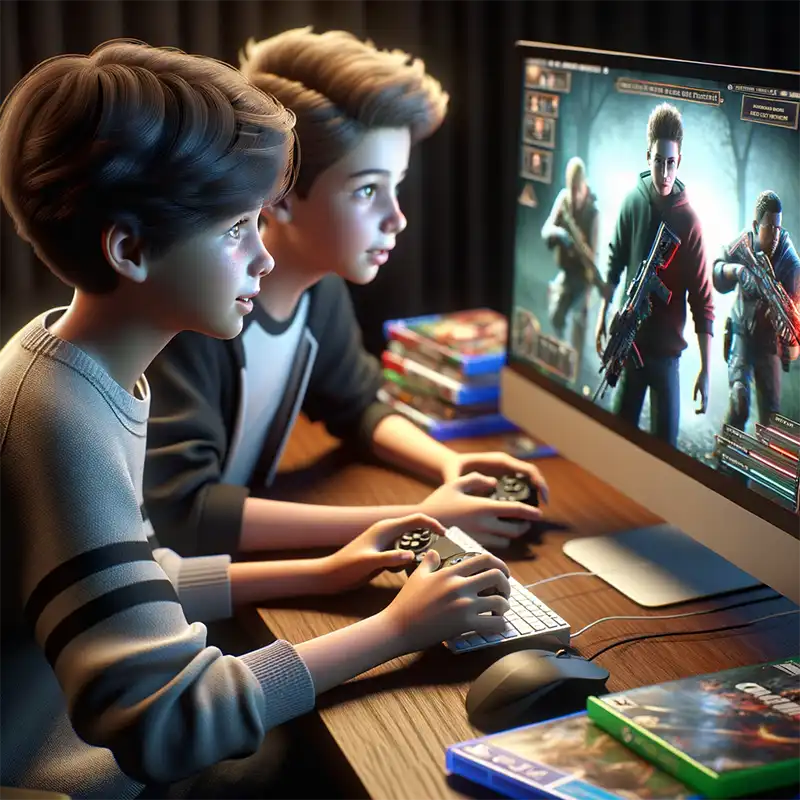 Kinder spielen am Computer gemeinsam Videospiele